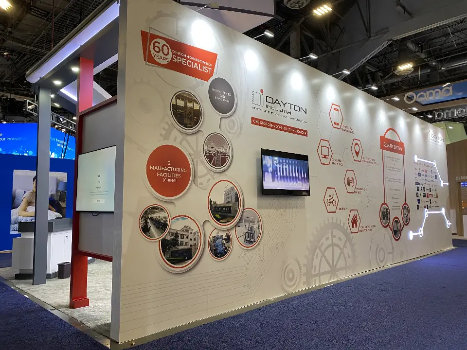 Long side wall with red circle graphics, partner logos and a wall-mounted video screen