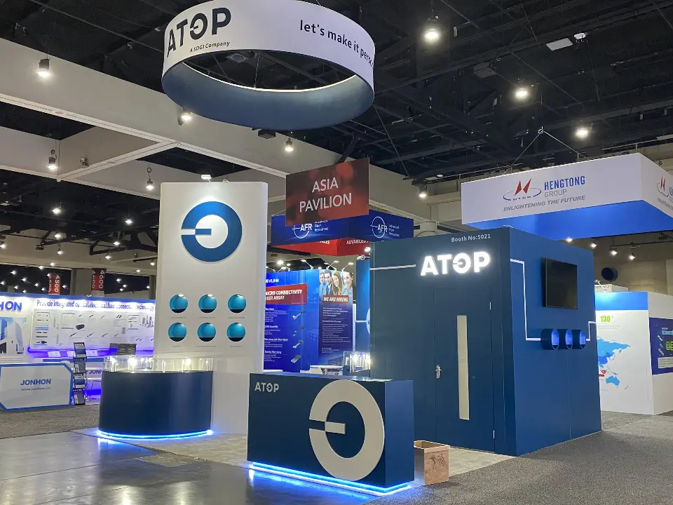 Full booth view with ring sign, logo column, counter and navy cube
