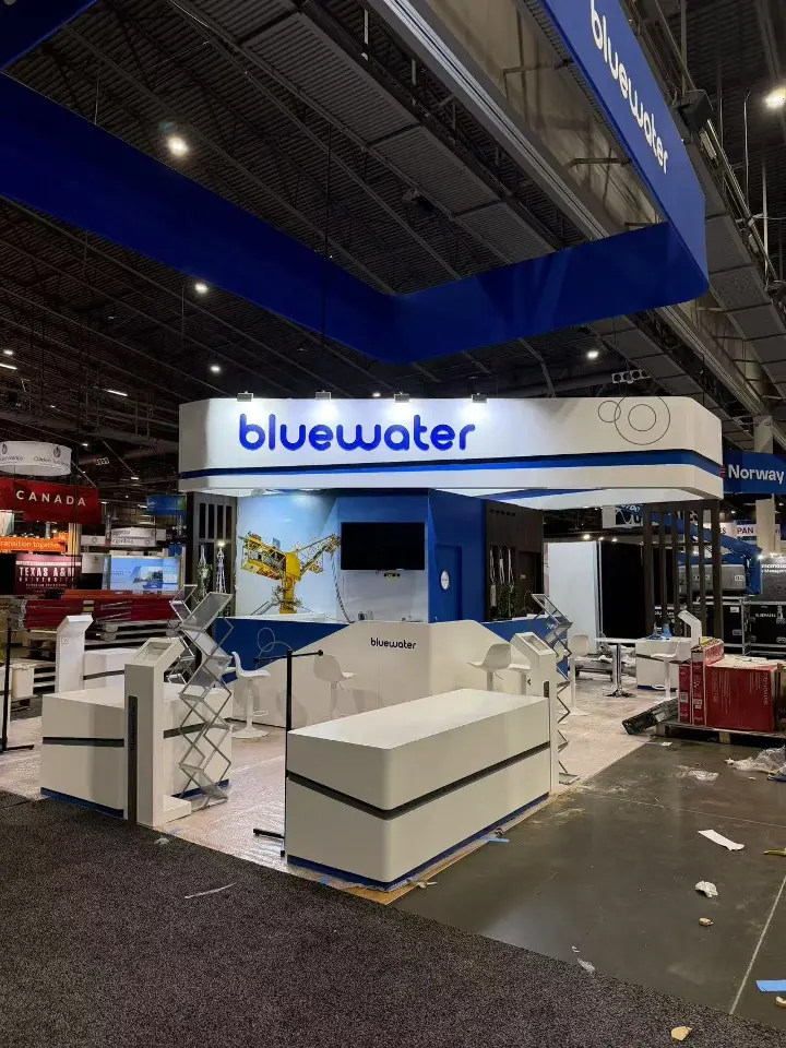 Front of the booth with white striped counters under the bluewater fascia