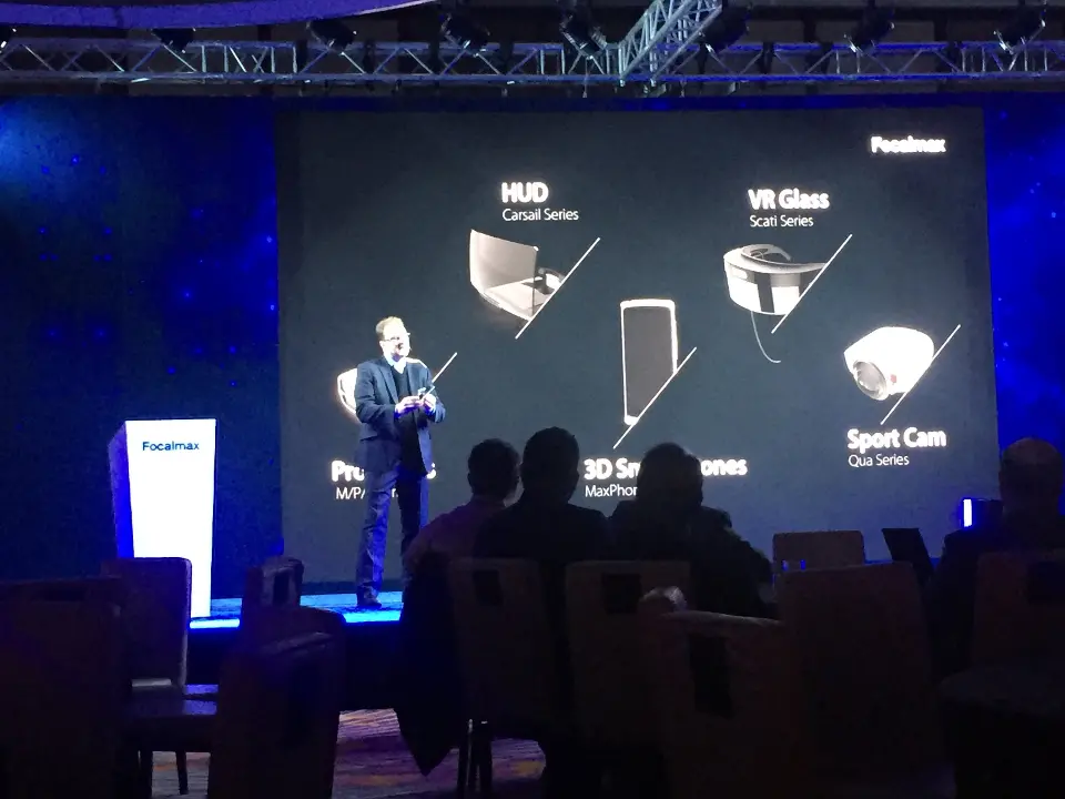 Video screen showing HUD, VR glasses and sport camera graphics during the talk
