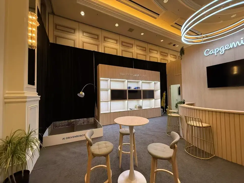 Second angle of the suite bar tables and wood-look counter under ring lights