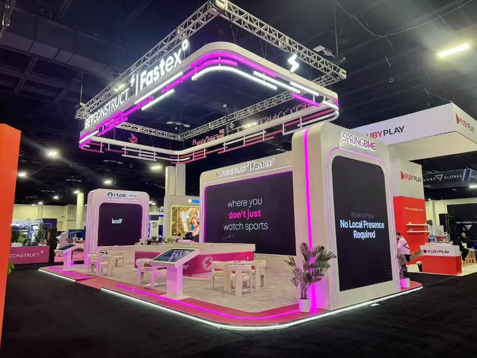 Corner view with pink lit truss ring and BetConstruct Fastex header
