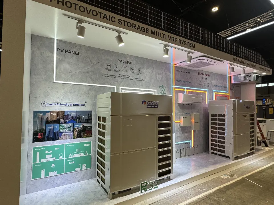 Photovoltaic storage room with outdoor heat pump units and a video screen