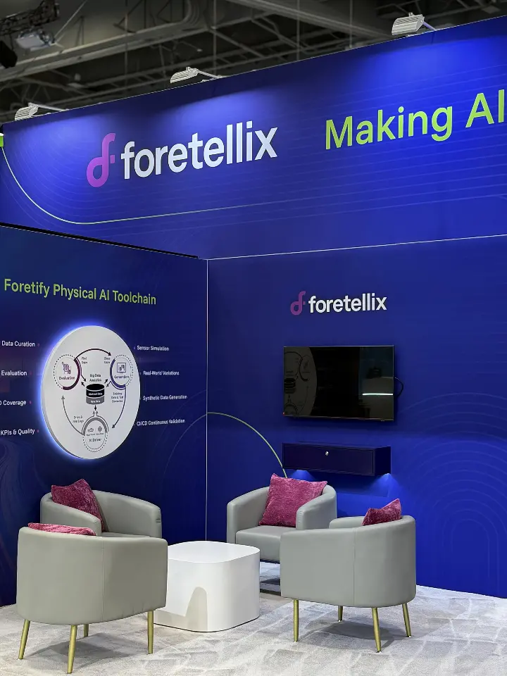 Lounge area with the Foretellix logo and tagline on the wall