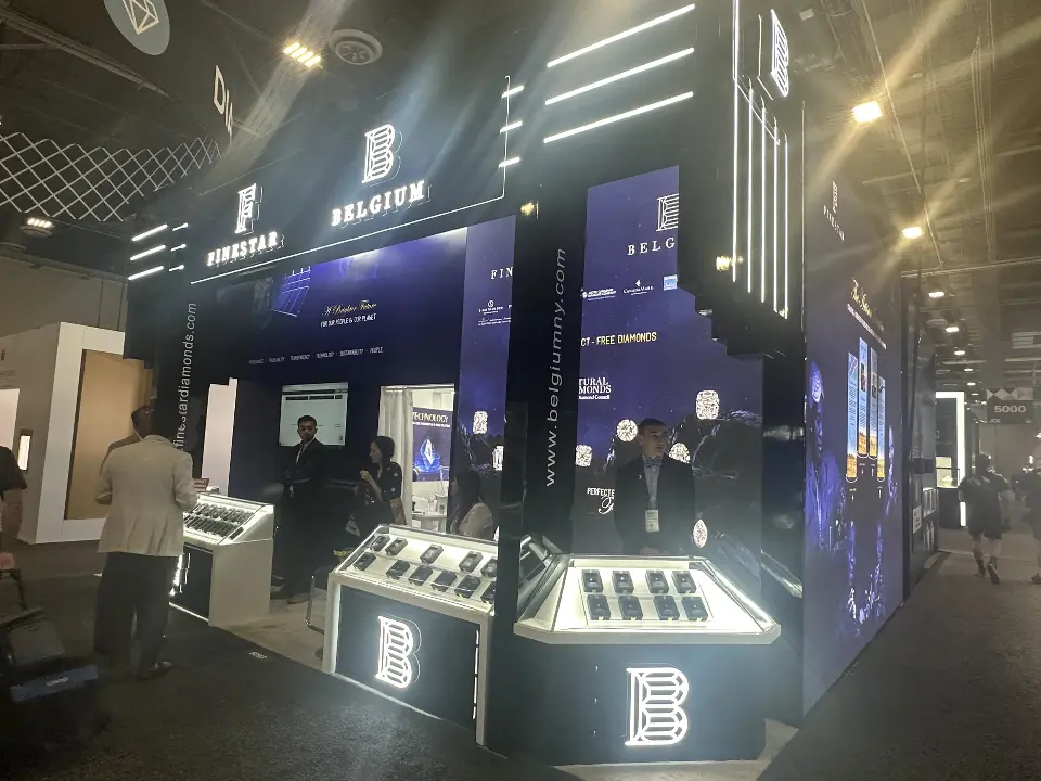Interior angle of glowing showcases with the dark fascia and wall screen