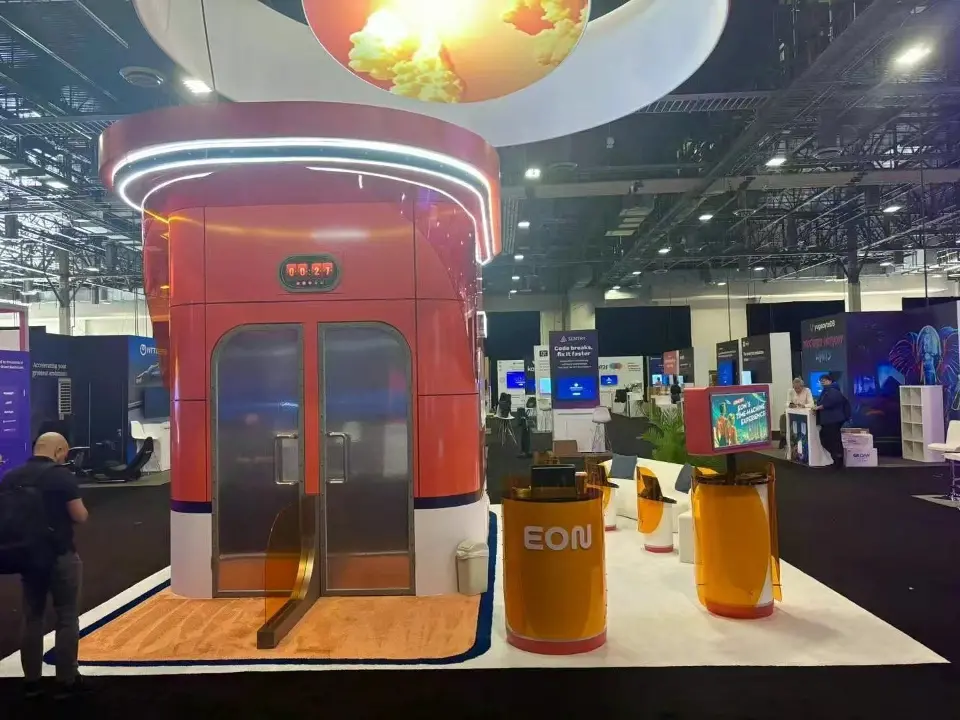 Orange time-machine pod with riveted double doors, countdown display and EON counter