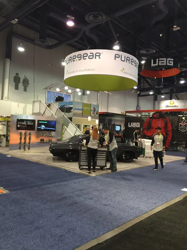 Wide view of the PureGear ring sign over the open floor and product walls