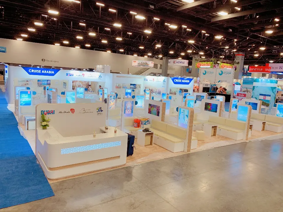 View across the pods from the other side with screens and photo panels