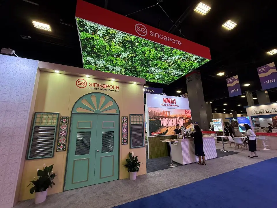 Mint shophouse doors and lantern details on the Singapore stand wall