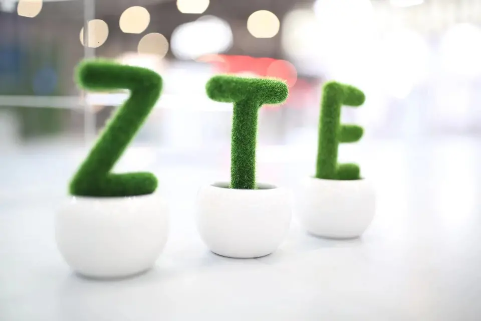 Close view of grass-covered ZTE letters on white pots