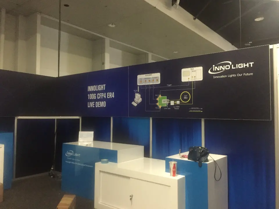 Dark blue wall with the INNOLIGHT logo and product text above white counters
