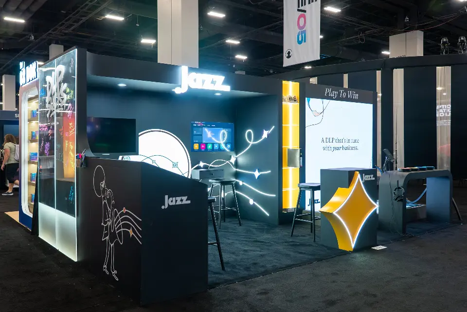 Jazz booth corner with lit glass graffiti panel, line-drawing counter and gold star