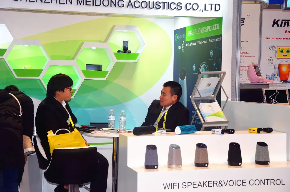 Meeting table with speaker products under the Shenzhen Meidong Acoustics header