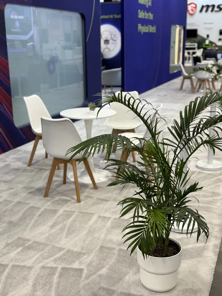 Palm and cafe chairs by the frosted glass panel