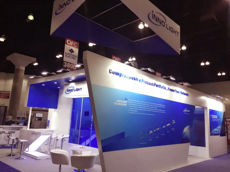 Angled wall with blue graphic and product timeline under the sign
