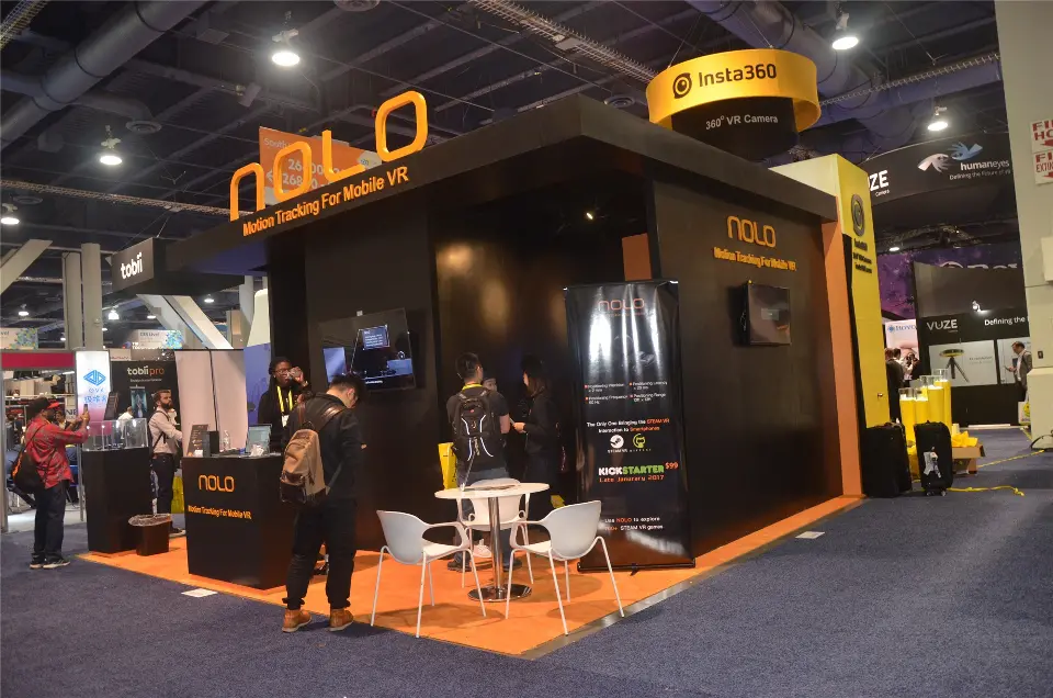 NOLO booth at CES 2017, black box structure with orange NOLO letters and orange floor