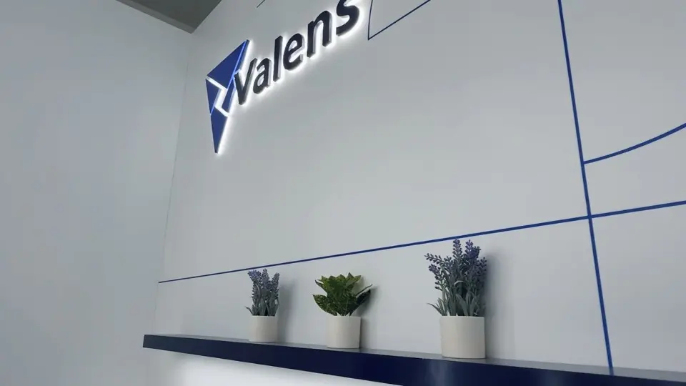 Valens logo wall with blue lines and potted lavender on a shelf