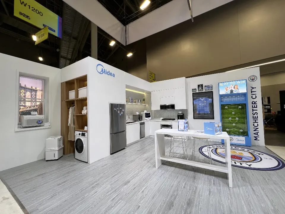 Corner vignette with a Manchester City graphic panel and a laundry display