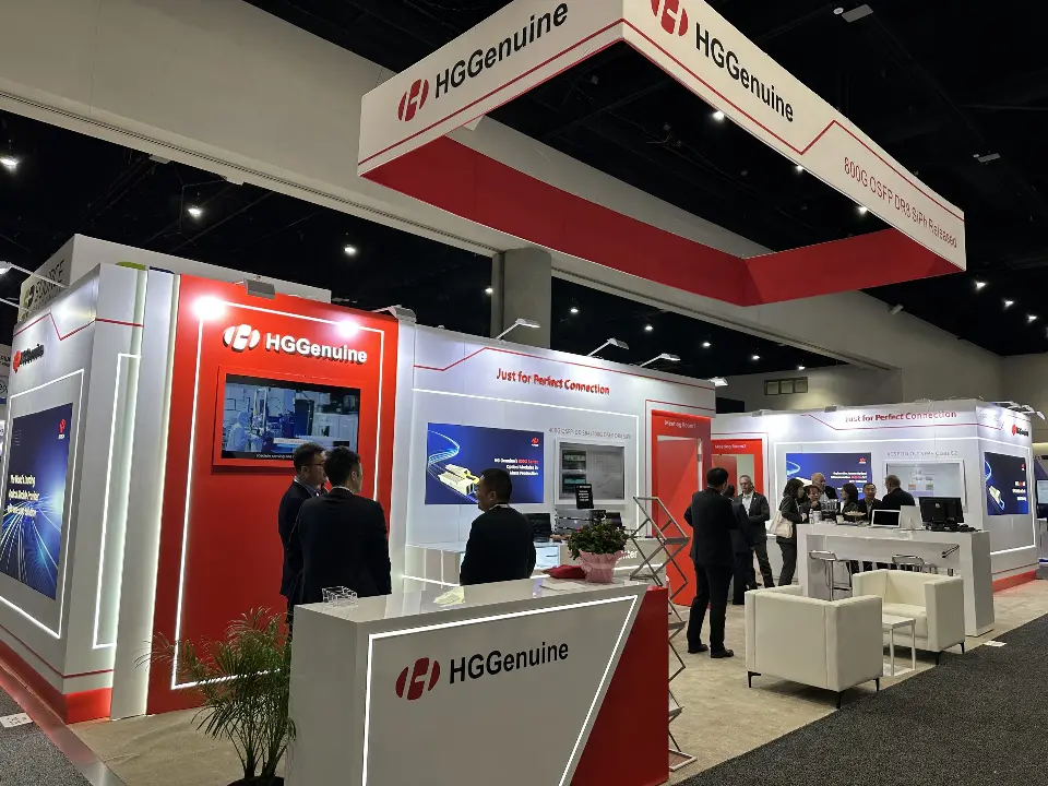 White reception counter with red stripe in front of the open product area