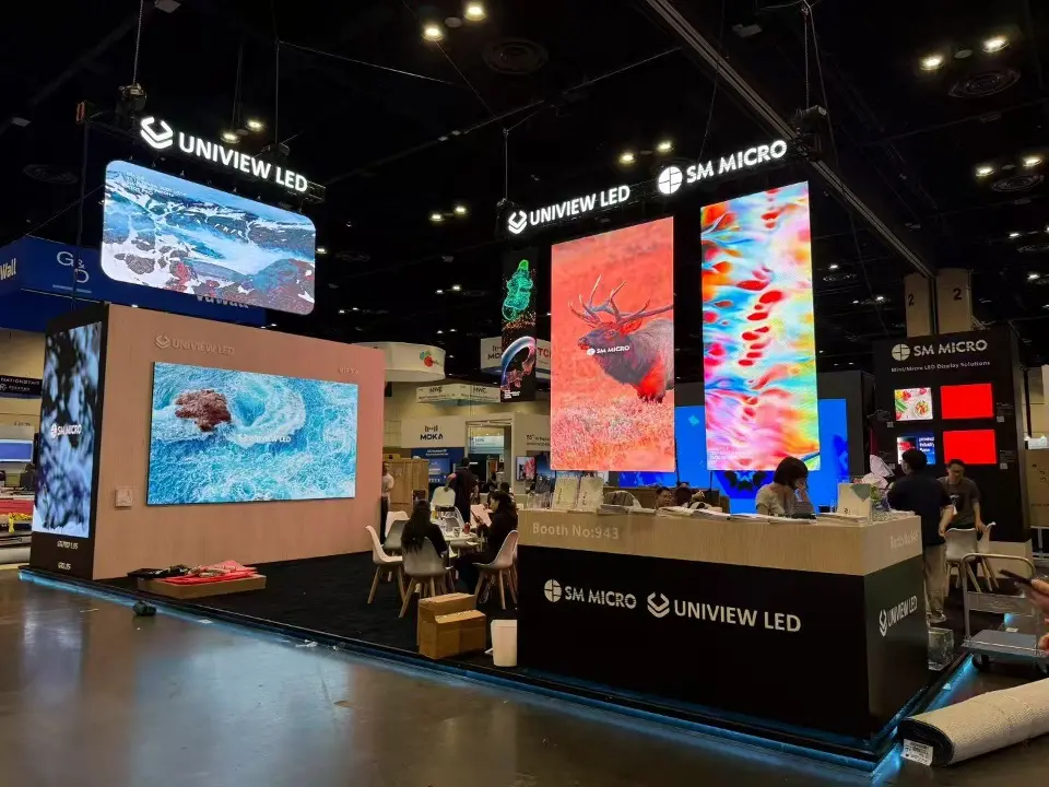 Large video screens and Uniview LED header logo over a front counter