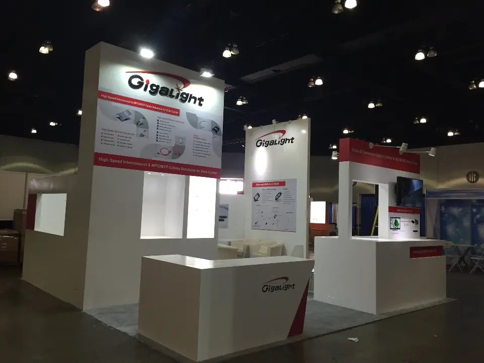 Gigalight counters and towers with backlit product panels and red header bands