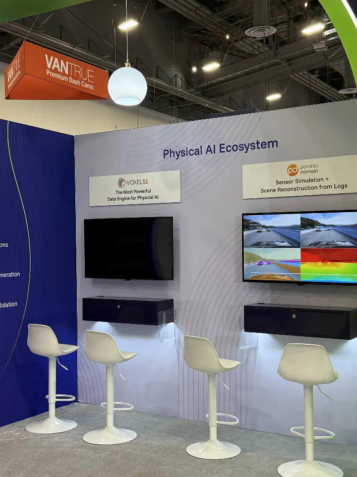 Closer view of the Physical AI Ecosystem screens, light strips and stools