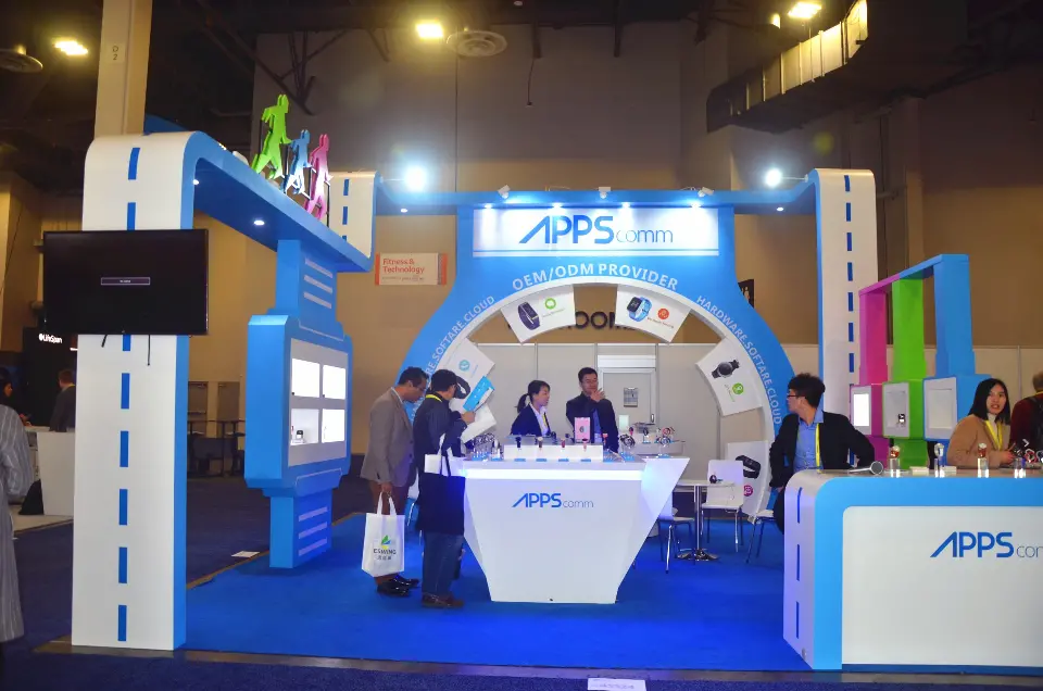 Wide frontal view of the blue arch and lit counters
