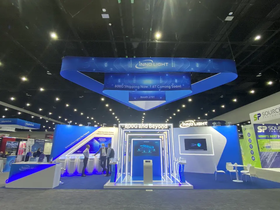 High wide view across the full InnoLight booth front from the aisle