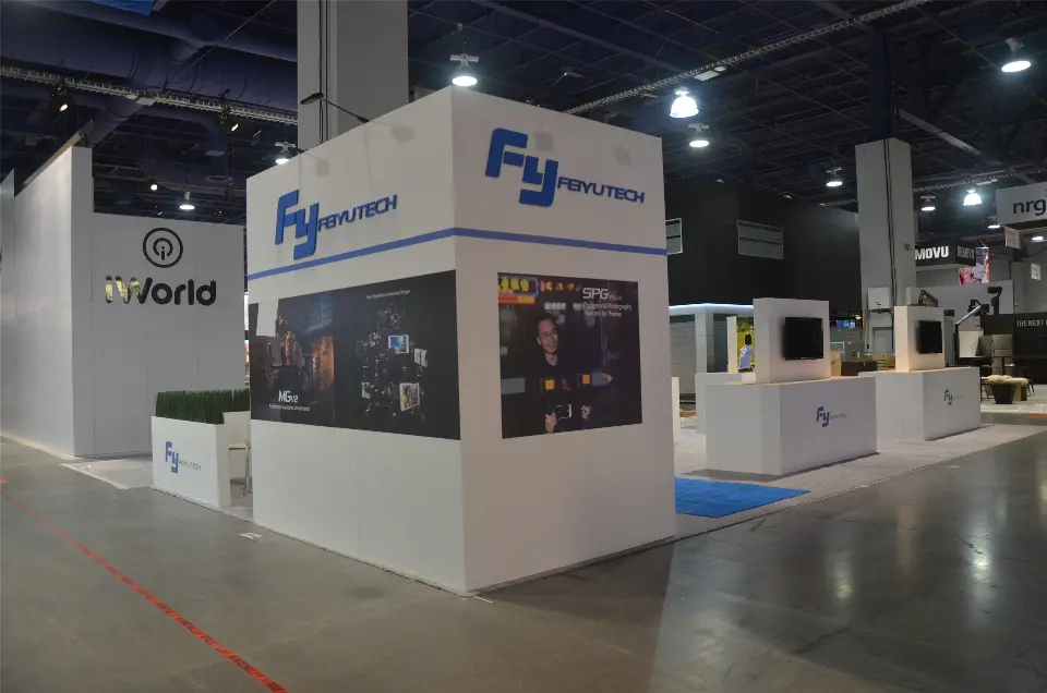 During installation: white Fy tower block with blue logos and large stabilizer photo graphics