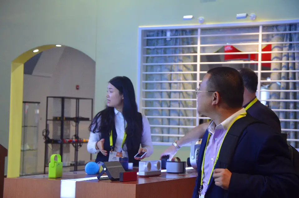 Staff speaking with a visitor beside a speaker product display