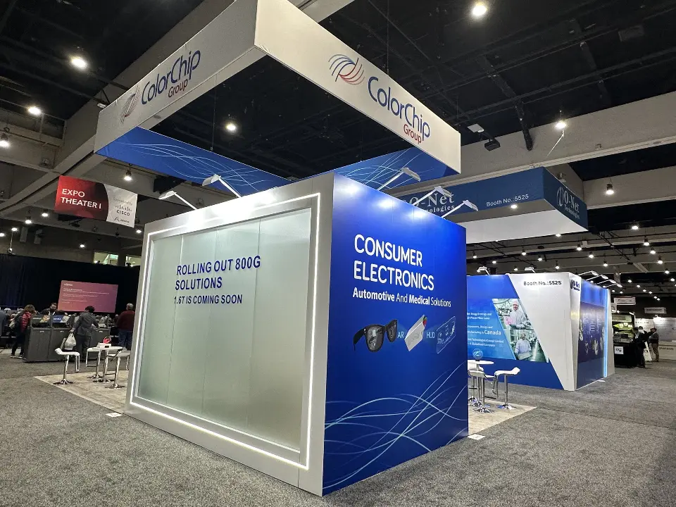Frosted glass wall with lit edge and blue product wall under the ColorChip sign