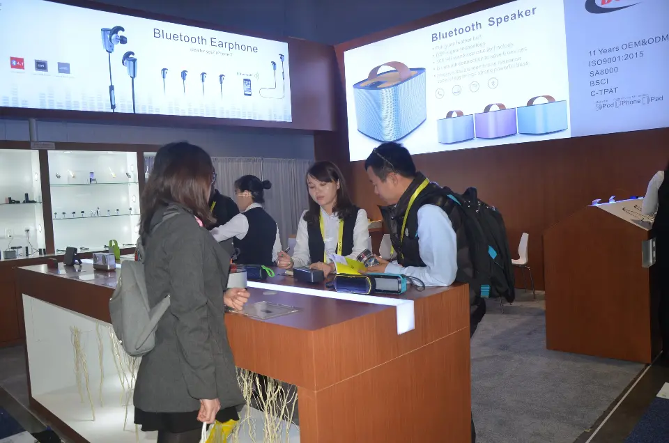 Visitors at the counter end with speaker and earphone graphics above