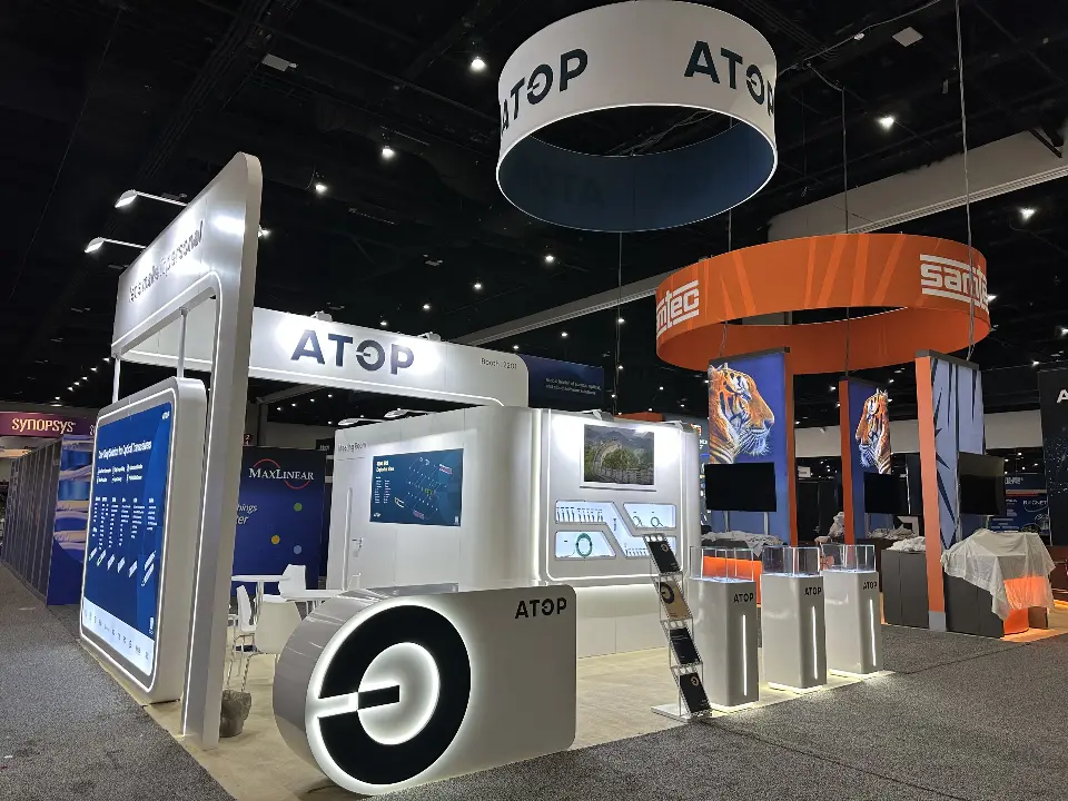 Side angle showing the backlit logo wheel, lit pedestals and product graphics
