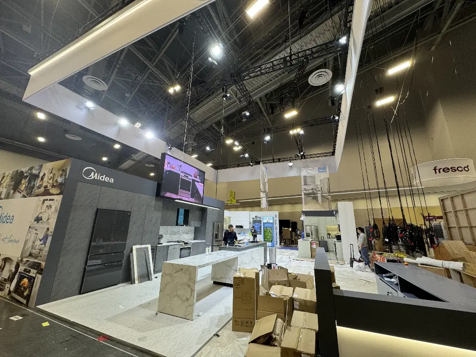 During installation: grey wall with a screen above a white floor