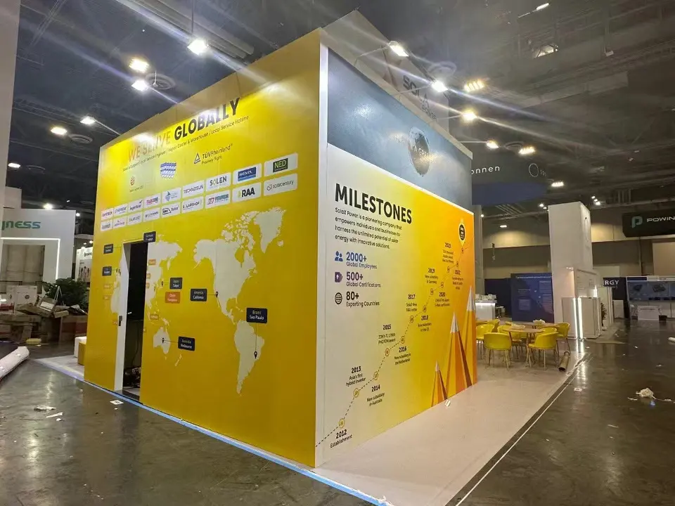 Yellow side wall with world map graphic and Milestones panel beside an open door