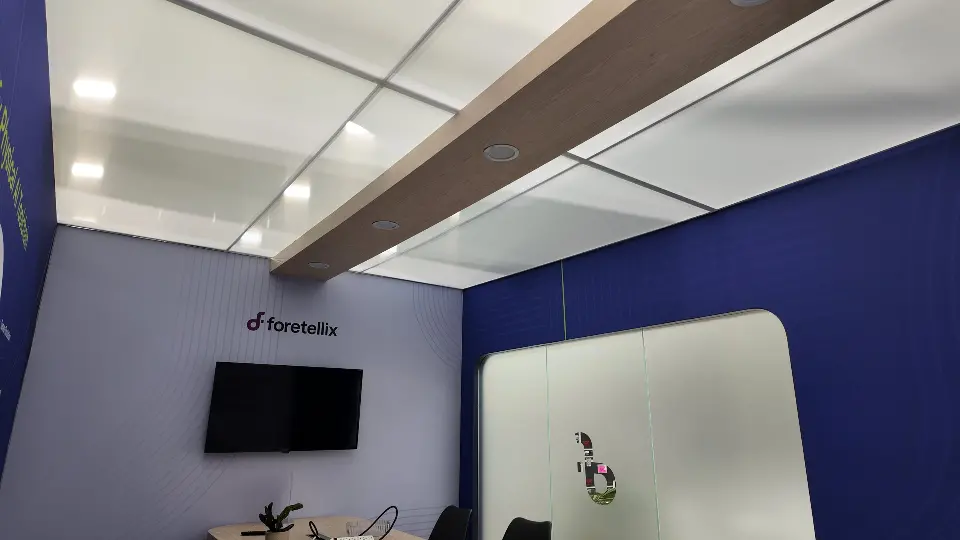 Meeting room frosted glass wall and mounted screen
