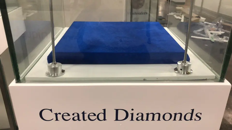 Front view of a lit showcase with a large blue velvet tray and brand name