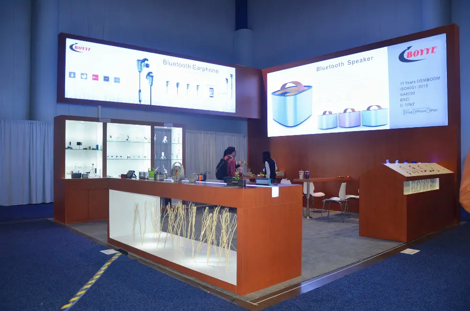 Front counter with white lit base and blue Bluetooth graphics above
