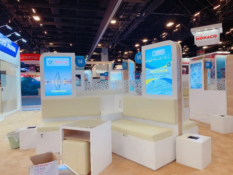 Bench pod with tall backlit panels and white stools