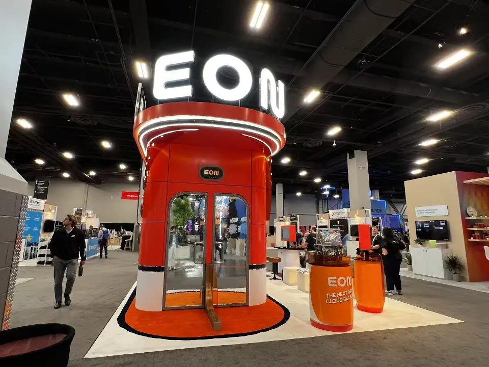 Vertical shot of the orange EON entrance with glass doors