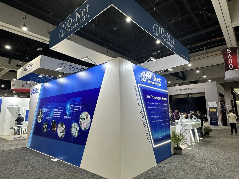 Navy graphic wall with product circles beneath the O-Net overhead sign